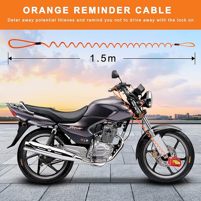 Motorcycle Alarm Disc Brake Lock, Motorcycle Locks Anti Theft Security Wheel Disc Lock Waterproof 110dB Alarm Sound with 5ft Reminder Cable Keys and Carry Pouch for Motorbike Bike Scooter