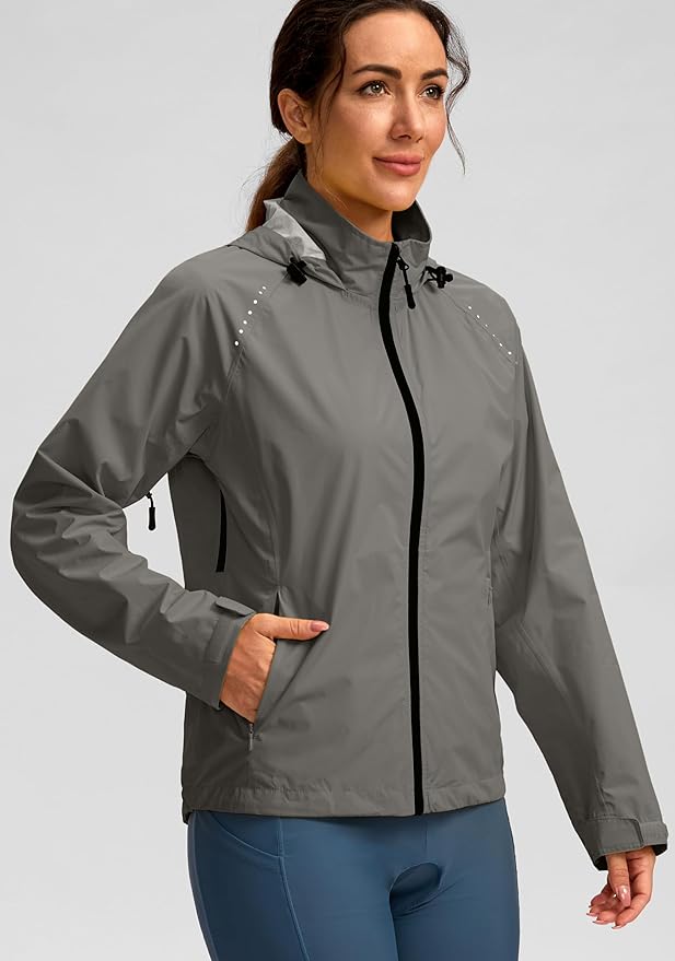 Bikewa Women's Cycling Rain Jackets Waterproof Windbreaker Lightweight Running Windproof Reflective Jacket Packable Hooded