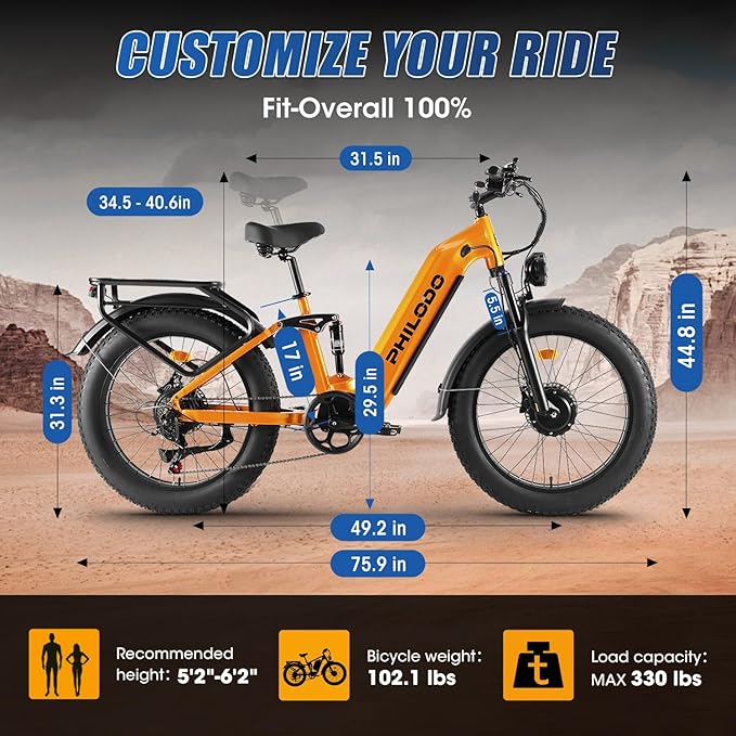 PHILODO Electric-Bike for Adults, Dual-Motor-Ebike Hunting-Ebike 5000W, 60V 32AH Long Range Dirtbike, Fat-Tire-Electric-Bicycle, Full Suspension for Off-Road Snow Sand