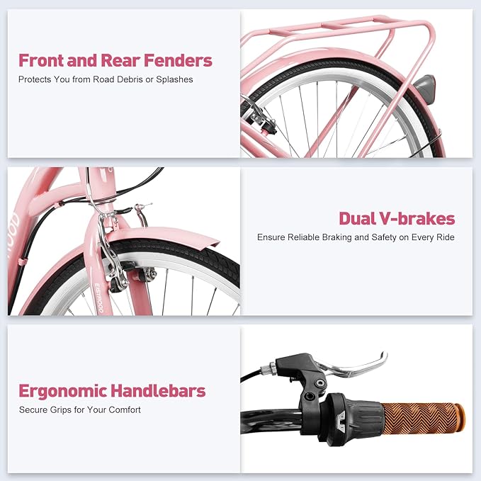 26 Inch Folding Beach Cruiser Bike for Women, 7-Speed Ladies Bike with Basket & Rack, Perfect for City Commuting's Bicycle, Ideal for Women and Adults