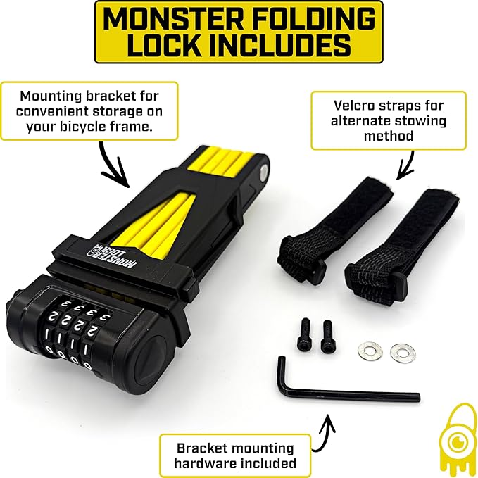 Monster Folding Bike Lock – Heavy-Duty Anti-Theft Hardened Steel, Rust-Proof, Foldable Compact High-Security Lock for Bicycle, Scooter & Motorcycle (Yellow Combo)