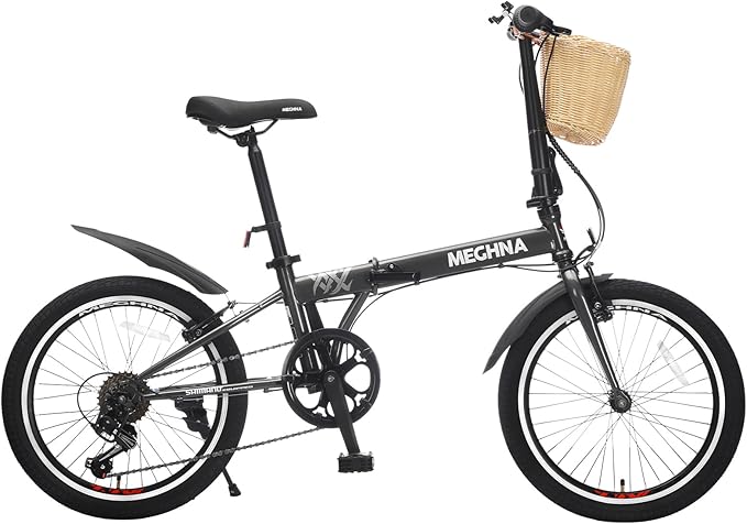 20 Inch Folding Bike for Adults, 6-Speed Bicycle with Steel Frame, Quick-Release Foldable Design, Includes Basket, Phone Holder & Fenders, Dual V-Brakes, Portable Compact Bike for Men & Women