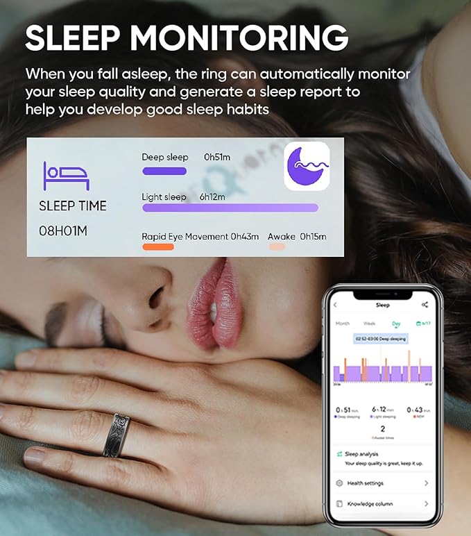Smart Ring for Men Smart Ring Women Heart Rate Monitor Sleep Tracker Health Ring Fitness Tracker Gesture Control GPS Pedometer Calories Step Counter IP68 Waterproof Compatible with iOS Android Phones