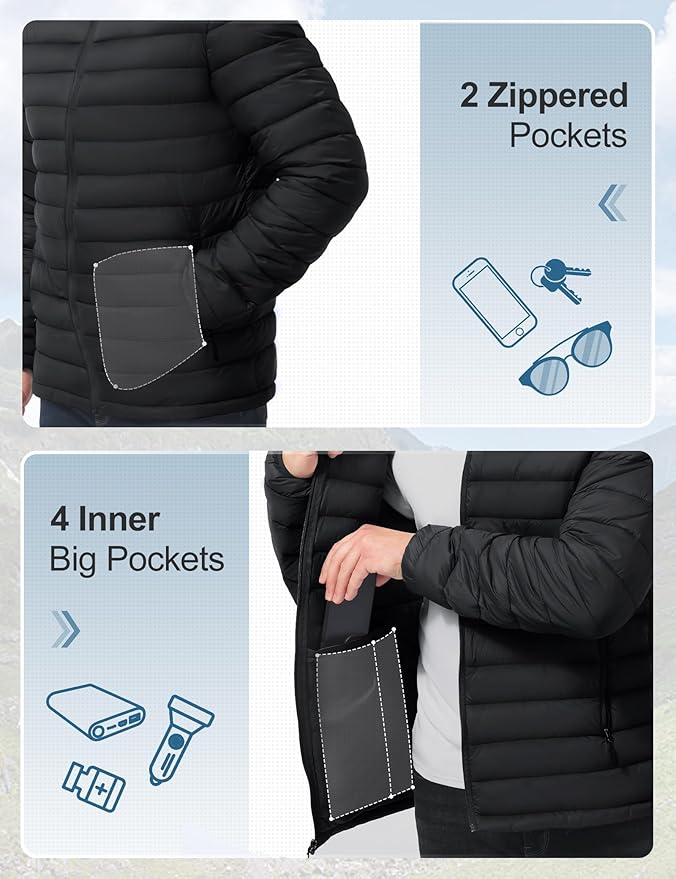 Men's Lightweight Packable Puffer Jacket Insulated Warm Winter Jackets Puffy Coat for Ski Hiking Travel