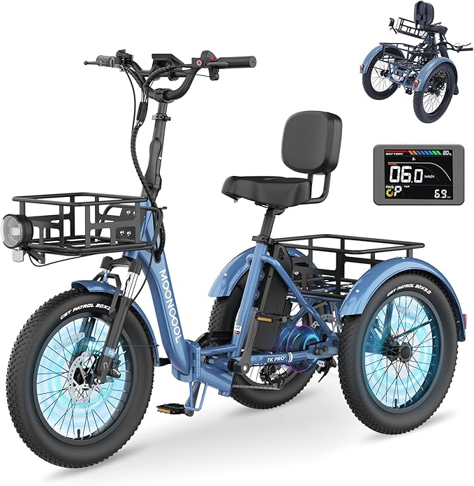 MOONCOOL Electric Trike for Adults, 500W/750W 48V Electric Tricycle for Adults Peak Power 1500W, 20"x3.0" Fat Tire 3 Wheel Electric Bike, Folding Aluminum Adult Tricycle with Removable Battery