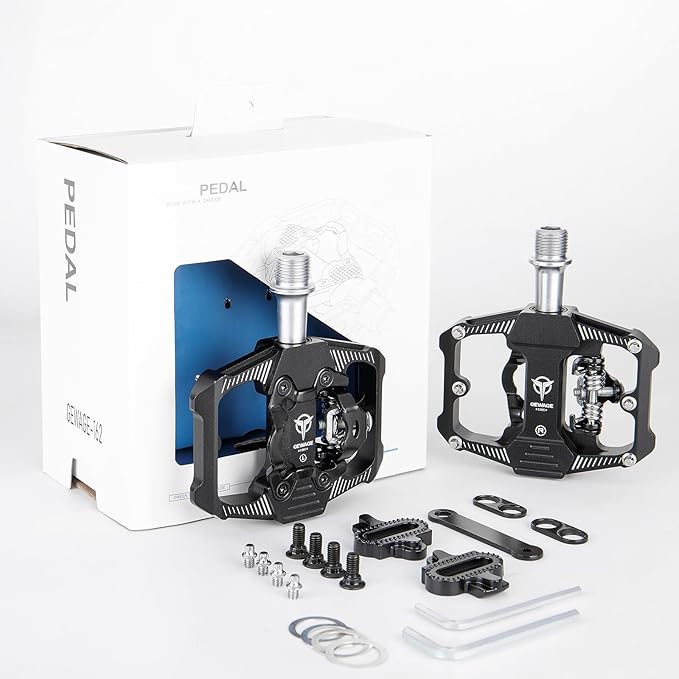Mountain Bike Pedals - Dual Function Flat and Clipless Pedal - 3 Sealed Bearing Platform Pedals Compatible with SPD, Bicycle Pedals for BMX Spin Exercise Peloton Trekking Bike