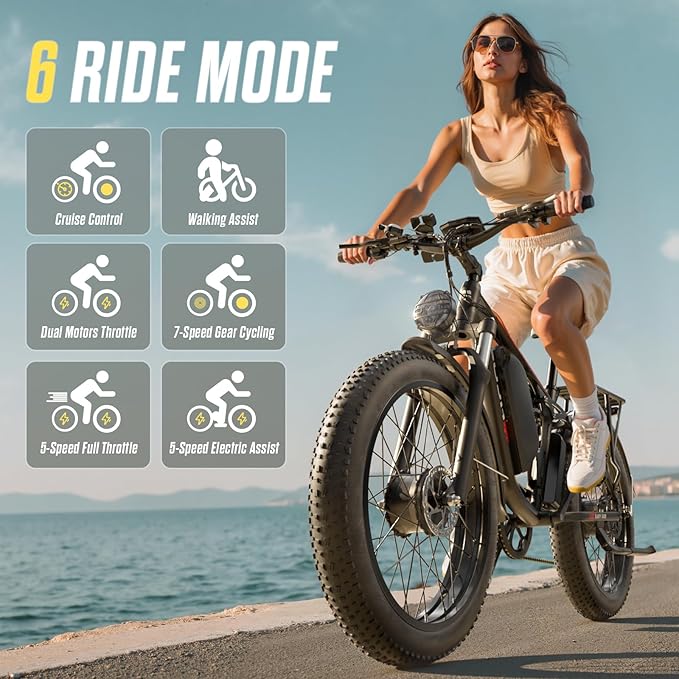 6000W Dual Motors Electric Bike for Adults,60V 20Ah 26" Fat Tire Ebike,45 mph up to 100 Miles Full Suspension Class 3 Electric Bicycle for Snow Off Road Mountain Hunting Commuter