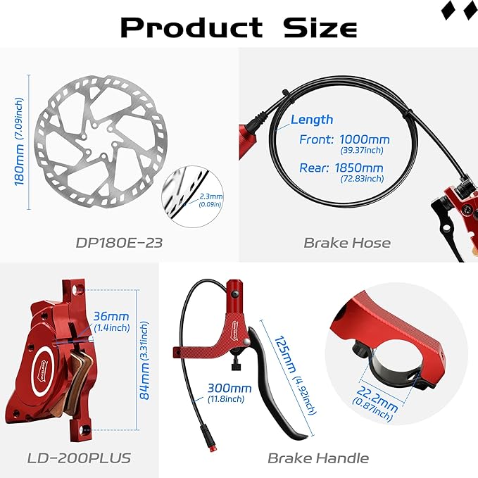 E-Bike Hydraulic Disc Brake Set 4-Pistons/2-Pistons,2-PIN/3-PIN Pre-Bled with Mineral Oil Brakes Kit,Front and Rear Set,180mm 2.3mm Thick Rotors
