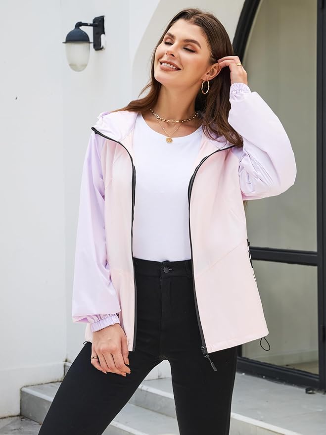 PITINAN Lightweight Rain Jacket Women Packable Wind Breaker Light Rain Jacket Women Waterproof Travel Raincoat S-XXL