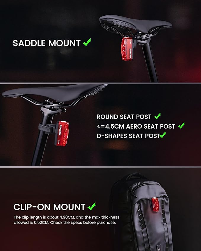 RAVEMEN TR150/TR250 Bike Tail Light, 280° Visible Bike Rear Light with Brake Detection and Auto On Off Feature, 3 Mounting Options