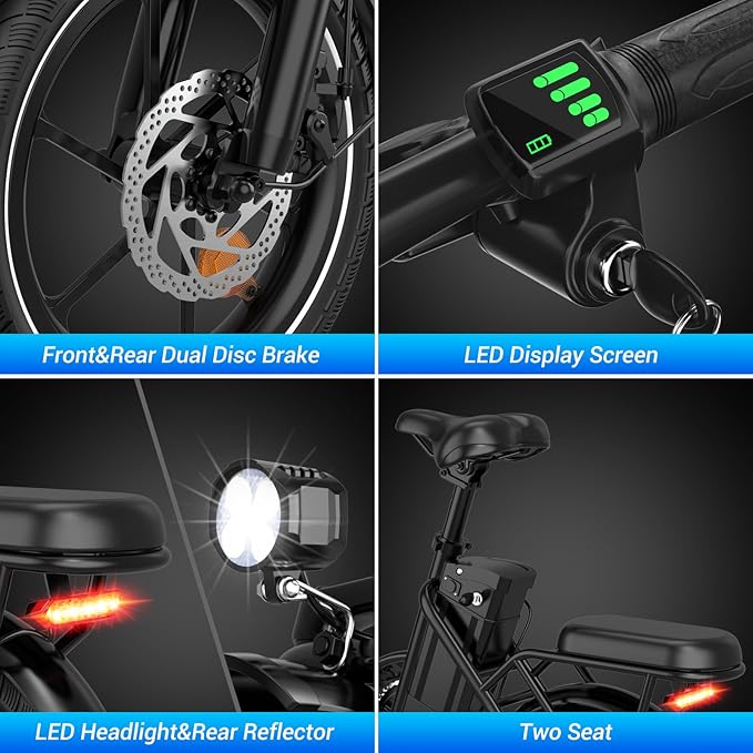 SEHOMY 2-Seat Electric Bike for Adults 630W Peak Motor, 25MPH Folding Ebike, 16" Adults Electric Bicycles with 30° Uphill, 288WH Removable Battery, 35 Miles Long Range, Commuter E Bikes Teens 14+