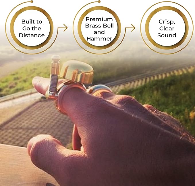 Handheld Running Bell, Wearable Runners Bell for Joggers and Marathoners Alerts Pedestrians to Move Over, Loud Resonant Brass Bell and Hammer on Aluminum Body with Silicone Finger Sizers