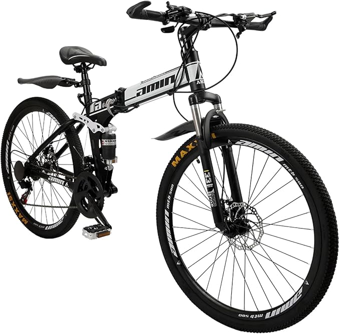 Bruce & Shark 26" Folding Mountain Bike for Men, 21 Speeds Full Suspension Commuter Bicycle, High Carbon Steel & Disc Brakes, Portable City Outdoor Bike for Adult Youth Teen