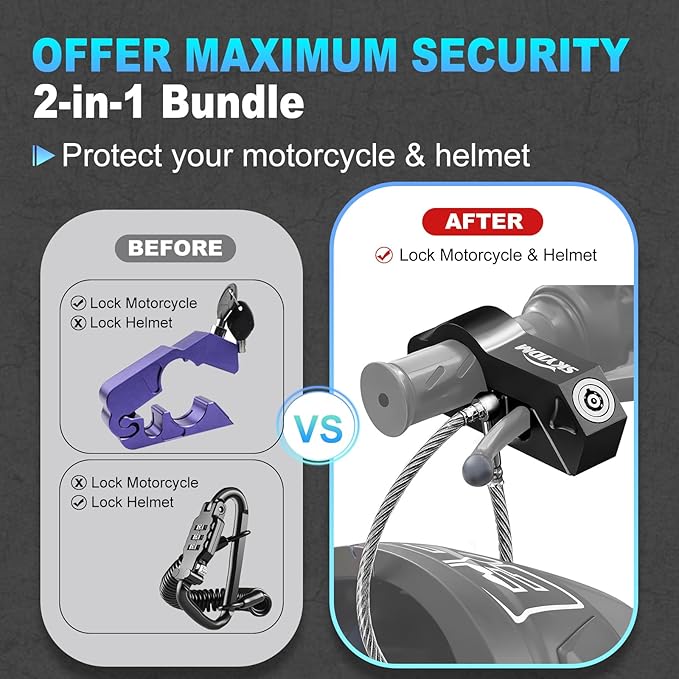 Motorcycle Lock Combo - Helmet and Brake Anti-Theft Grip for All Motorcycle, Bike, ATV, Scooter With Handlebar Diameters Within 1.3-1.5 Inches (Black)