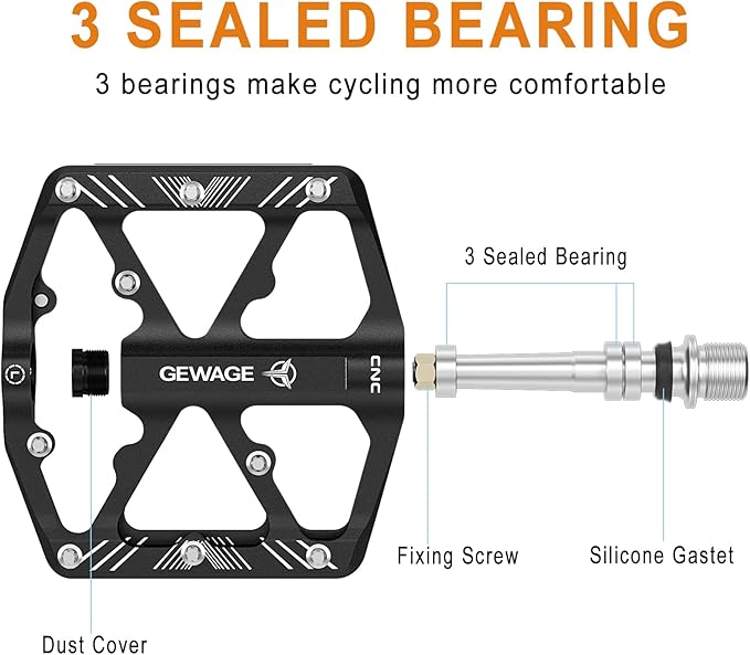 Bike Pedals 9/16 Inch - Bicycle Pedals with Reflectors - 3 Sealed Bearings MTB Pedals Wide Platform Pedals for Mountain Bike, BMX, Road Bike Pedals