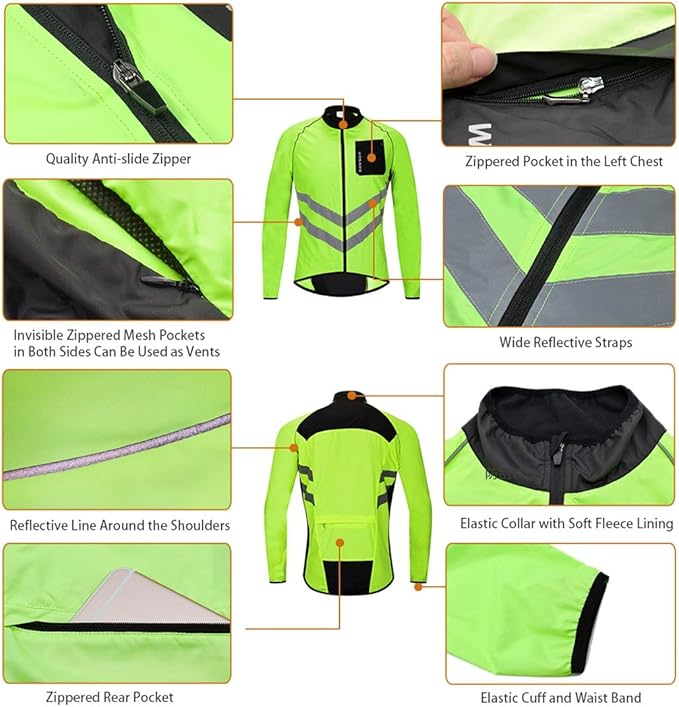 WOSAWE Men's High Visibility Cycling Wind Jacket Water Resistance Reflective Windbreaker