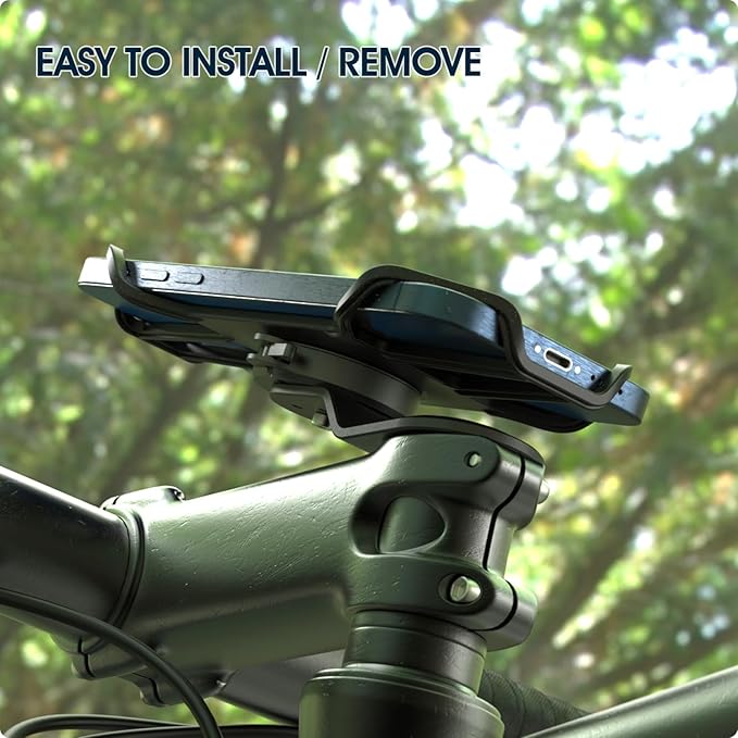 Bike Stem Phone Mount with Shockproof Silicone Grip – Quick-Lock Aluminum Out-Front Holder with Quad Safety Buckles & Elastic Strap, Fits 4.0”–6.7” Phones – Secure Fit for Road & Urban Rides