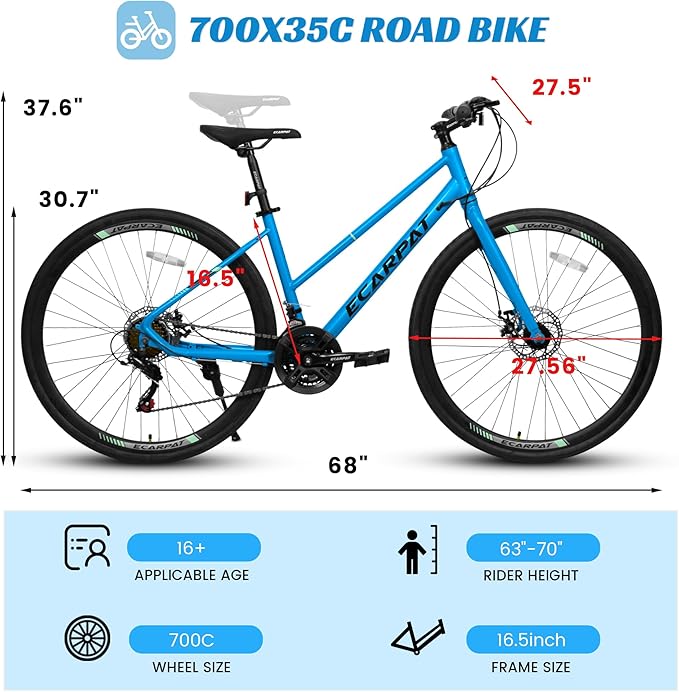 700C Road Hybrid Bike for Adult, 21-Speed Road Bike Road Bicycle Carbon Steel Frame/Dual-Disc Brakes/Multiple Colors