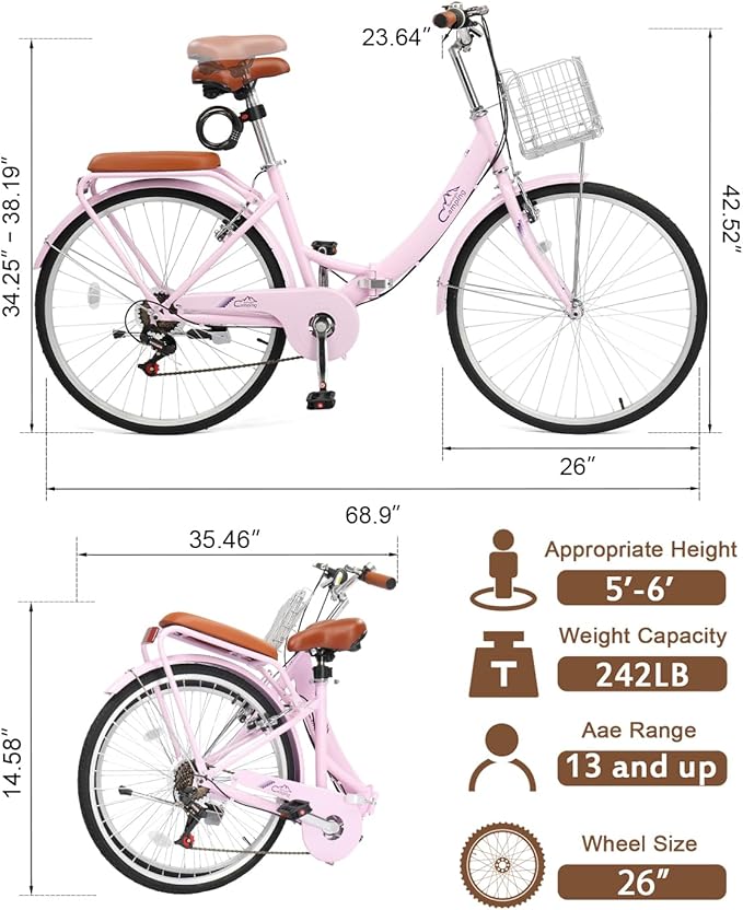 24/26 Inch Foldable Bike Folding Bicycle, 7 Speed Beach Cruiser Bike with Lock, Comfort Back Seat, Foldable Basket & Ergonomic Upright Frame, Cruiser Bicycle for Adults