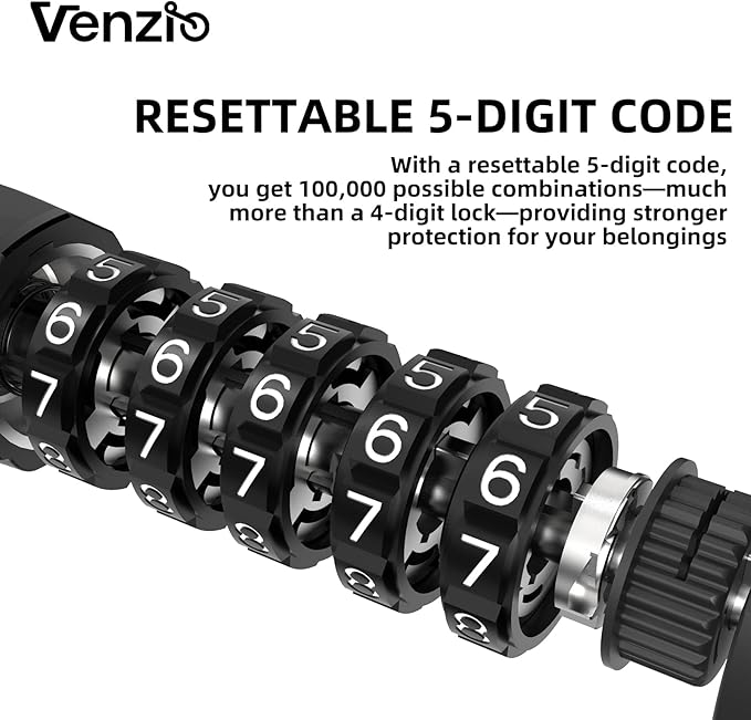 Venzio 4FT Bike Cable Lock, 12mm (1/2 inch) Self-Coiling Steel Cable with 5-Digit Combination Lock, Mounting Bracket, Heavy Duty Anti-Theft Design for Bicycle, Scooter, E-Bike, Fence, Outdoor Use