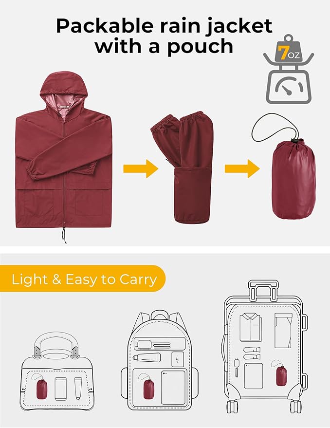 COOFANDY Mens Packable Rain Jacket Lightweight Waterproof Raincoat with Hood Outdoor Rain Gear Travel Hiking Cycling