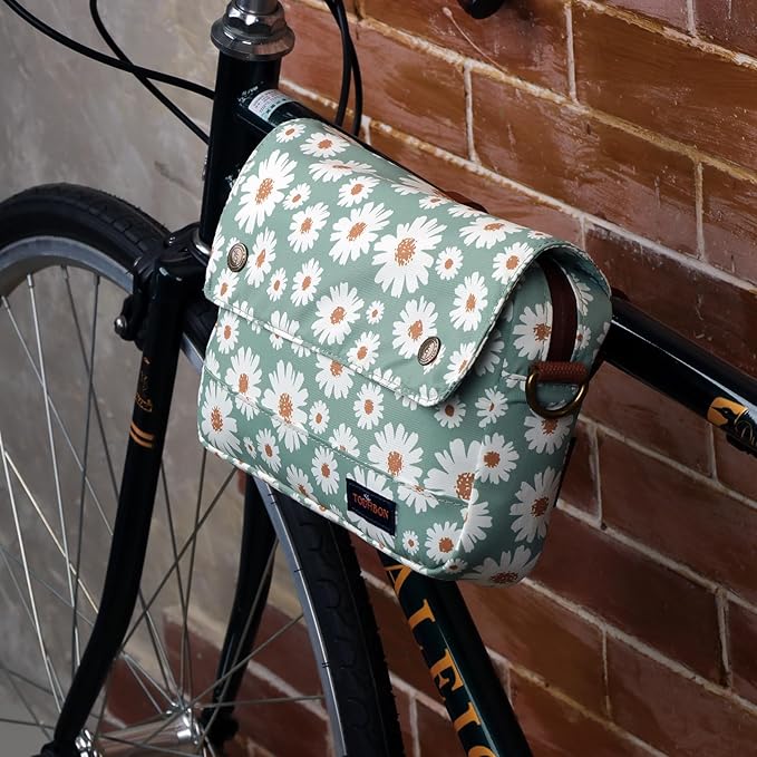 TOURBON Bike Bag Waxed Canvas Bicycle Handlebar Bag Zipper Closure Pouch Crossbar Front Frame Basket Cycling Saddebag Under Seat Strap-on Rear Rack Pannier (Light Green with Flower)