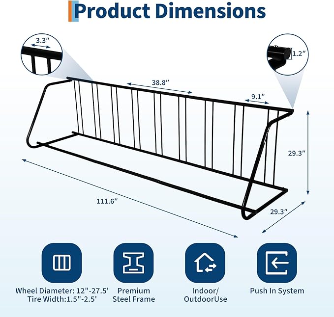Single Side 9 Bike Floor Rack 110 Inch Length Freestanding Bicycle Parking Stand In Ground Grid Design For Garages Streets Yards And Bike Events Heavy Duty Storage (Black, Single Side 9 Bike)