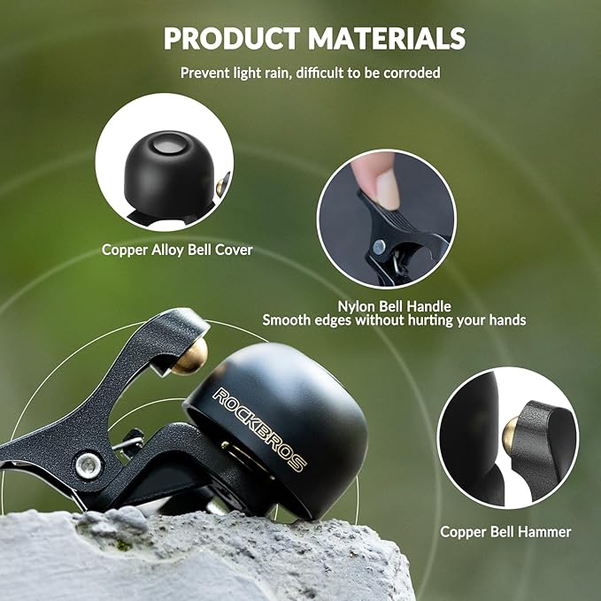 ROCKBROS Bike Bell, Copper Alloy Sturdy Bicycle Bell with Clear& Long Sound, Bike Ring Bell for Handlebars Adults More Than 100 dB