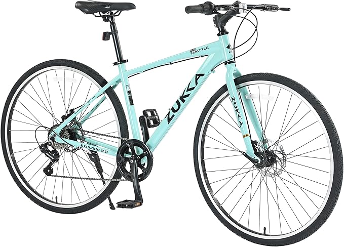 7 Speed Hybrid Bike, Aluminum Alloy Frame, Double Disc Brakes, 700C Road Bike, Fast Acceleration, Suitable Aerodynamic Riding Position for Men and Women City Bicycle
