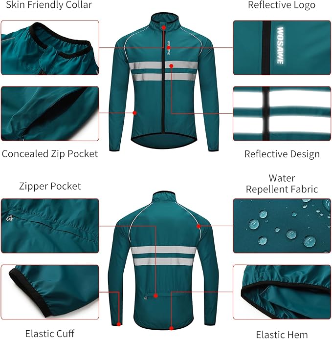 WOSAWE Men's High Visibility Cycling Wind Jacket Water Resistance Reflective Windbreaker