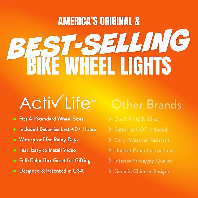 Activ Life 2-Tire Pack LED Bike Wheel Lights with Batteries Included, Get 100% Brighter and Visible from All Angles for Ultimate Safety and Style