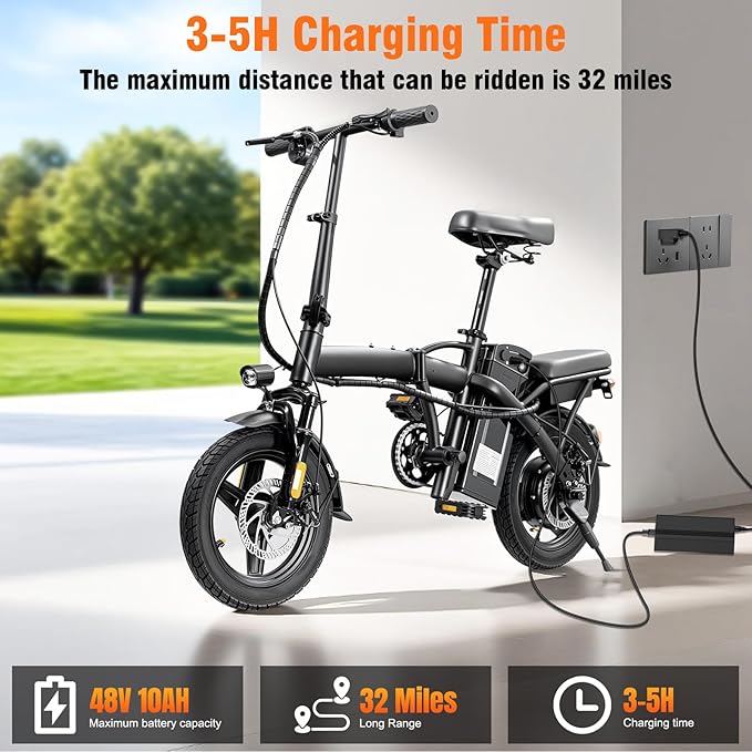 Foldable Electric Bike for Adults & Teens, 560W Brushless Motor 24MPH Ebikes, 32 Mile Range 48V 10Ah Battery, 3-Level Pedal Assist, 14" Tires Mini Folding Electric Bicycle, UL 2849 Certified