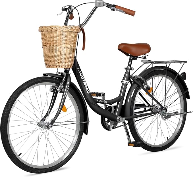 Betterland Beach Cruiser Bike for Women, 24/26 inch Hybrid Bike with Adjustable Seat, Womens Bike with Front Basket and Dual V-Brake, Step Through Comfort Bicycle for City Commuter