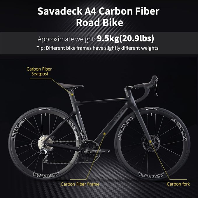 SAVADECK Carbon Road Bike, T800 Carbon Fiber Frame 700C Racing Bicycle with Shimano R4700 20 Speed Groupset and Hydraulic Disc Brake, Ultra-Light Carbon Bike for Adult