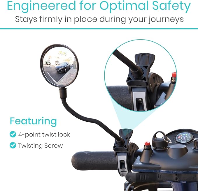 Vive Rear-View Side Mirror - Designed for Scooters, Bikes, Motor Vehicles, Bicycles, Handlebars - Clamp On Scratch Resistant Glass - 360 Rotatable, Adjustable, Universal Fit, Wide Angle Safety Support
