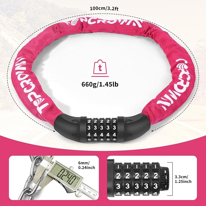 Bike Chain Lock 3.2Ft Long High Security Heavy Duty Anti Theft, 5 Digit Combination Resettable Keyless Bicycle Lock for Bike/Electric Scooter/Ebike/Motorcycle(Rose)