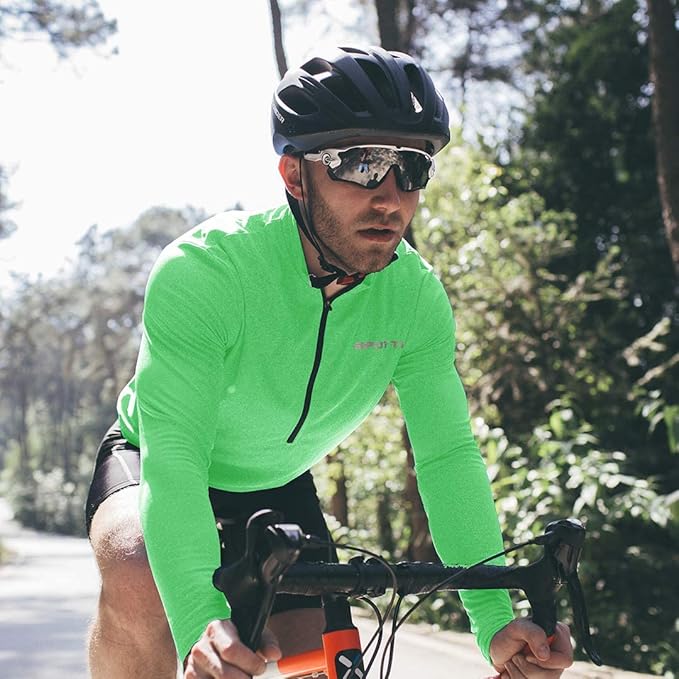 Spotti Men's Cycling Bike Jersey Long Sleeve with 3 Rear Pockets - Moisture Wicking, Breathable, Quick Dry Biking Shirt