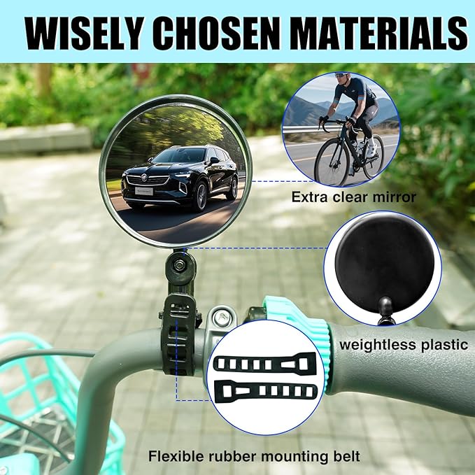 Bike Mirror Handlebar Mount, 2 Pcs 360° Rotatable Adjustable Acrylic Convex Mirror, No Tool Installation, Vibration-Free Wide View for Mountain/Road/E-Bike/Scooter - Bicycle Accessories