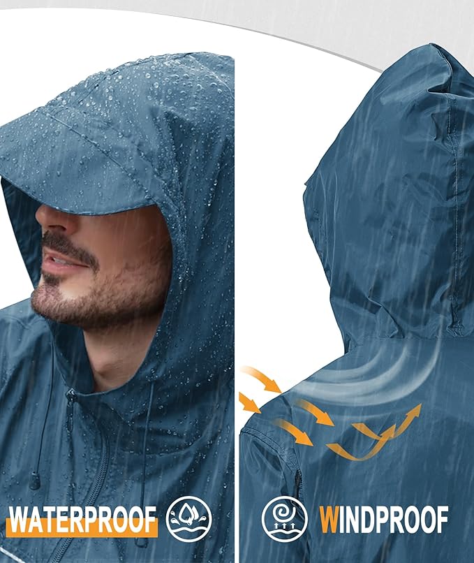 GEEK LIGHTING Rain Jacket Men Lightweight Waterproof Jackets Packable Windbreaker Hooded Raincoat for Golf Cycling Outdoor