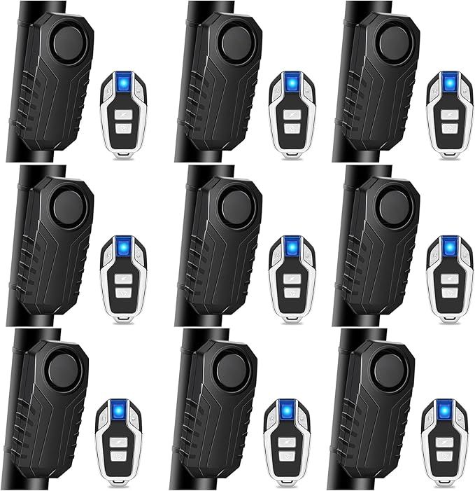 Bike Alarm with Remote,Bicycle Alarm Wireless,113dB Loud Bike Alarms for E-Bikes, Motorcycles, Scooter, Cars, Trailers, Luggage, Outdoor Riding and Cycling Safety IP65 Waterproof, 9Pcs