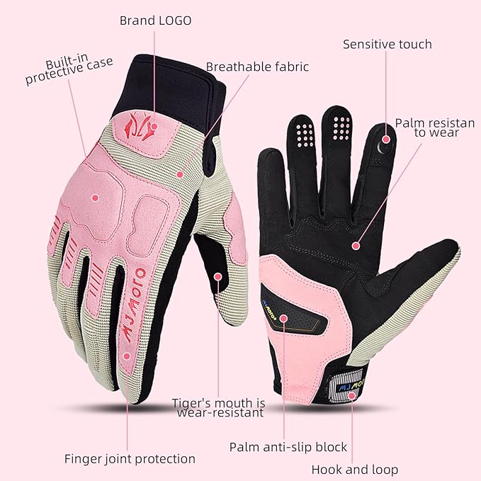 Summer Breathable Pink Motorcycle Gloves for Women,Touchscreen Motorbike Gloves Anti-Slip for Lady,MX ATV MTB Cycling, Road Racing Biker Glove
