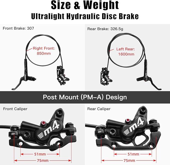 ZTZ 4-Piston Mountain Bike Hydraulic Brake Set, Front 850mm and Rear 1600mm Hydraulic Disc Brake Kit with PM/is Adapter, Fits for eBike, MTB and BMX (Right Front+Left Rear)