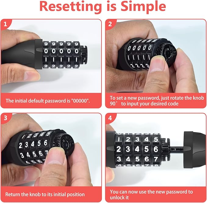 Bike Chain Lock 3.2Ft Long High Security Heavy Duty Anti Theft, 5 Digit Combination Resettable Keyless Bicycle Lock for Bike/Electric Scooter/Ebike/Motorcycle(Red)