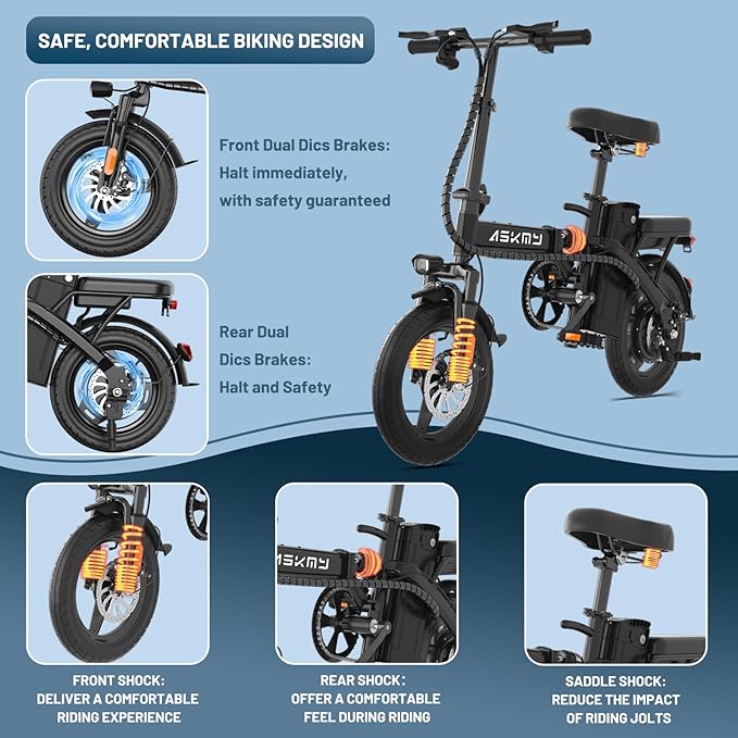 Foldable Electric Bike for Adults and Teens, 750W Peak Motor Ebike, 14" Folding E-Bike with 20 MPH, 30-35 Miles PAS Range, Electric Bicycle with 48V Removable Battery