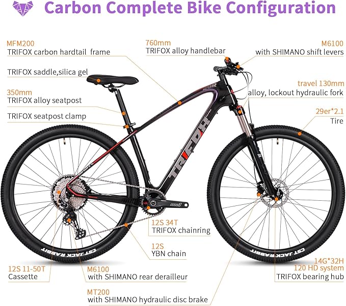 TRIFOX Carbon Fiber Mountain Bike,29er Carbon Mountain Bike with Shimano M6100 Deore Groupset 12-Speed,Carbon Fiber Frame,Hydraulic Fork 130mm Travel,/17/19 inch