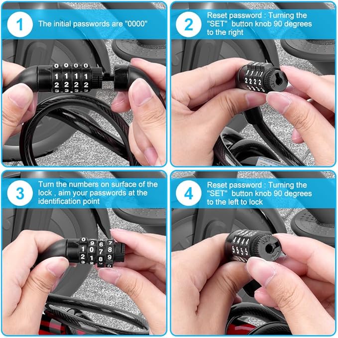 Ainiv 4FT Scooter Lock Anti-Theft, Bike Locks Cable Combination 4 Digit/12 Steel Cables Resettable Compatible for Xiaomi M365/Max/GXL/Ninebot/Segway Scooter/Moto/Bicycle Lock with Lock Holders