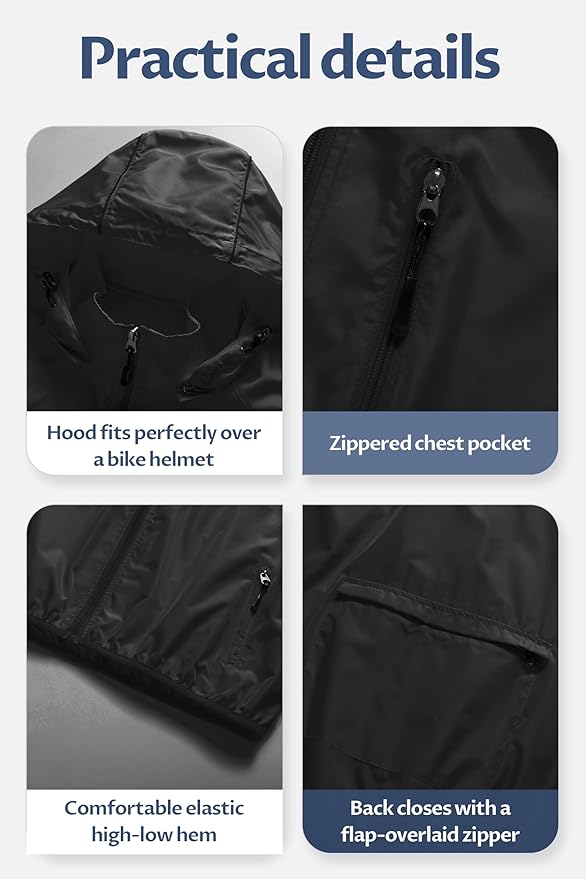 CREATMO US Men's Packable Waterproof Running Rain Coats Reflective Cycling Jacket Windbreaker With Removable Hood