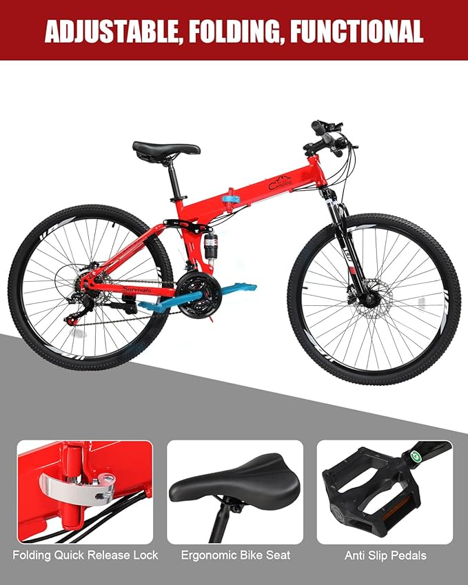 26/27.5 Inch Foldable Bike Folding Bike with 21 Speed, One Touch Folding, Dual Disc Type Brakes, Adjustable Seat, Full Suspension, Folding Bicycle for Men/Women/Senior