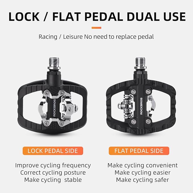 ROCKBROS Mountain Bike Pedals MTB Pedals, Nylon Widened Flat Pedal with Non-Slip Nails, Sealed Bearing Clipless Pedal Compatible with SPD, Universal 9/16" for Road Bike, MTB