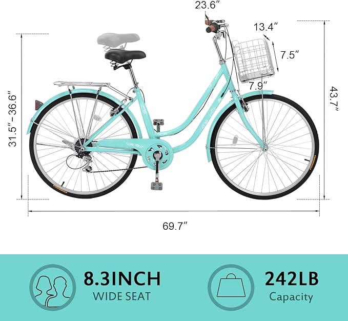 26" Beach Cruiser Bike, Commuter Bicycle, 7 Speed/Linear Pull Brakes/Widen Seat Men & Women Bike, Adult and Teens Bicycle for Urban Commuter